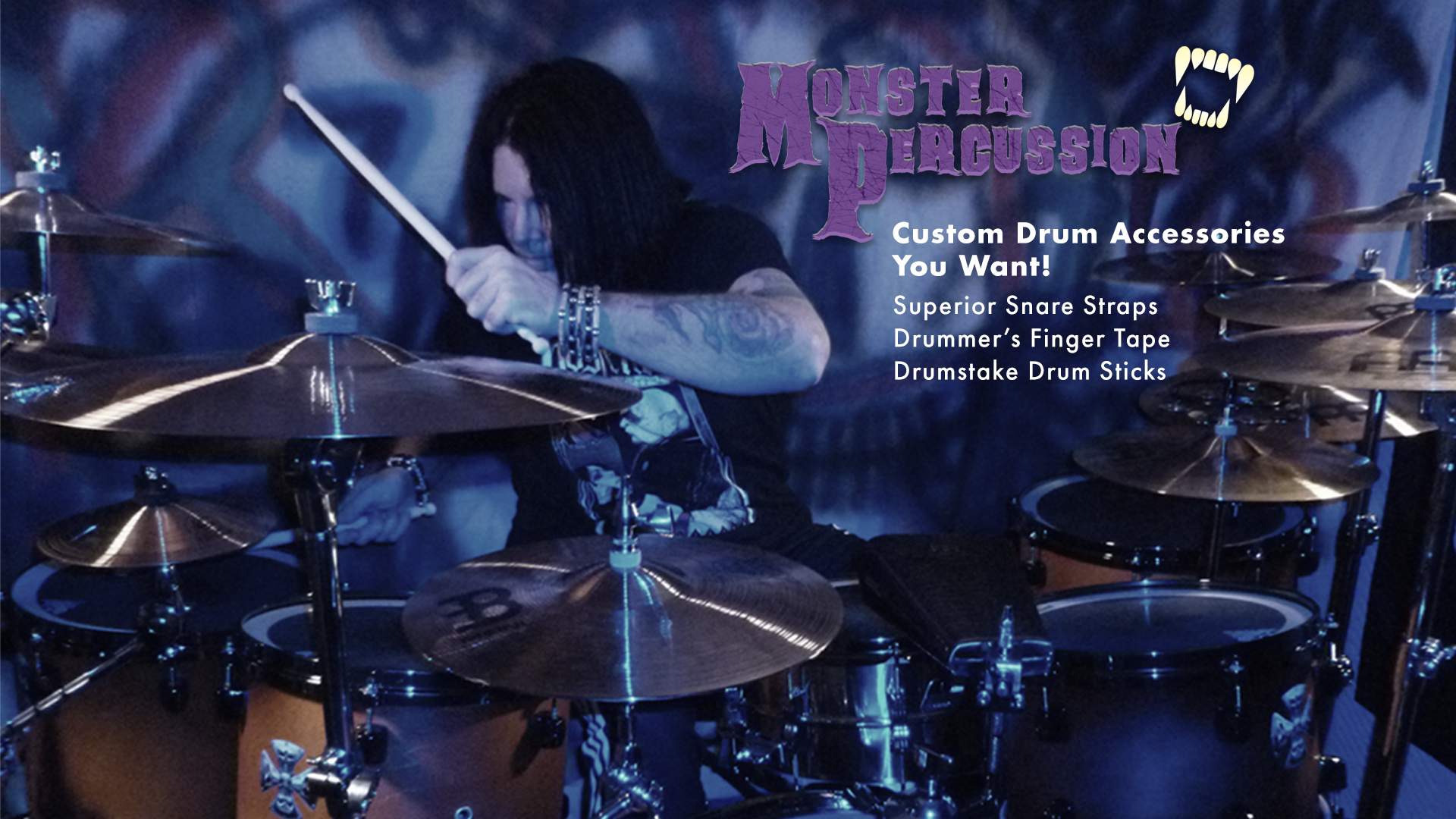 Monster Percussion home page has drummer playing drums displays logo and products